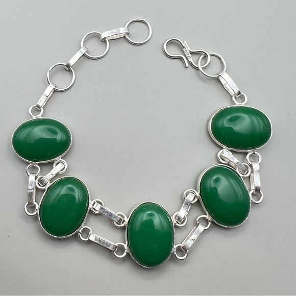 New Green Onyx Stone Silver Overlay Bracelet 6.25 - 7.5 - Picture 9 of 9